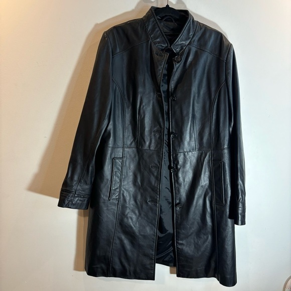 Danier Jackets & Blazers - DANIER Sz L Long Line Button Closure Leather Jacket With Pockets and Funnel Neck